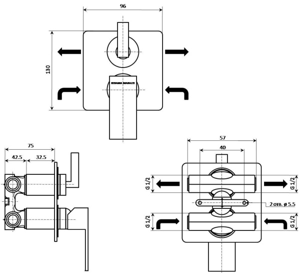 Встраиваемый смеситель FIORETTO V2CR6911KM для душа с дивертором на два потока, хром