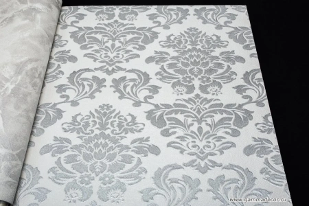 72842/Обои/Solo/Luce/Дамаск серебро к мрамору 72859 РАСПРОДАЖА