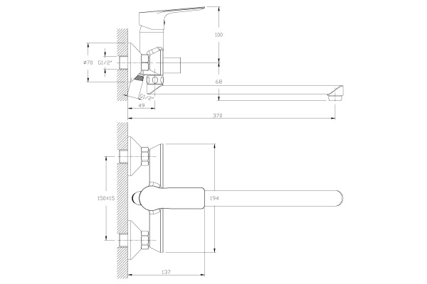 Смеситель одноручный RS27-33 (35мм)  для ванны с плоским изливом 350мм, хром